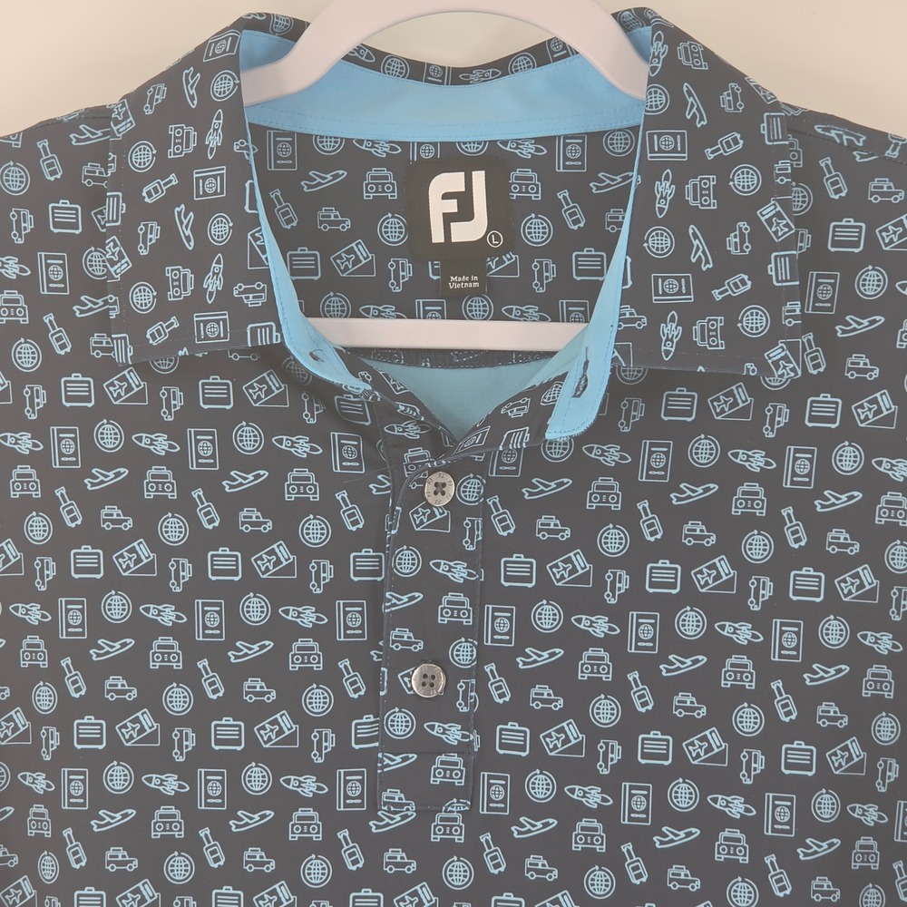 FootJoy Mens Large Navy Blue Travel Print Performance Golf Polo Rock Creek Club - Picture 1 of 7